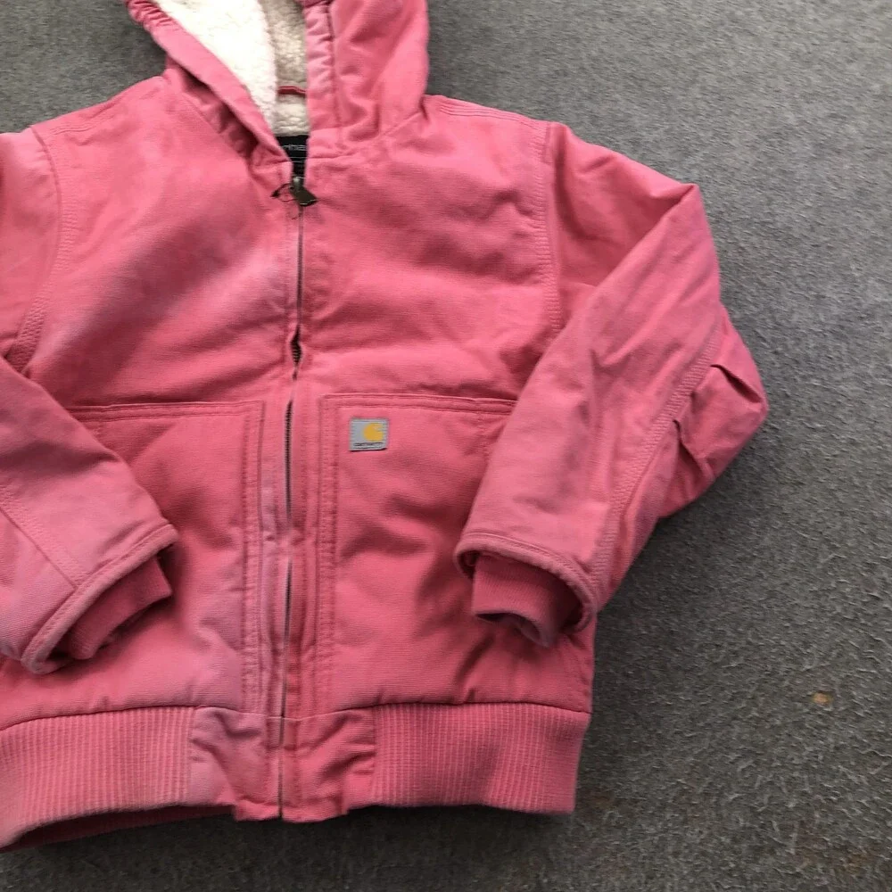 Carhartt Jacket Kids 5 Pink Hooded Canvas Bomber Sherpa Lined Winter Coat